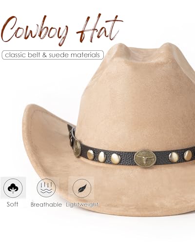 Western Cowboy Hat for Men Wide Brim Suede Cattleman Cowgril Hats - color: Black Belt /Camel