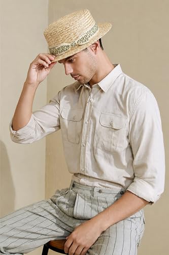 BABEYOND Men's Straw Boater Hat, 1920s Gatsby Summer Costume Accessory - color: Greenflower, size: Small-Medium
