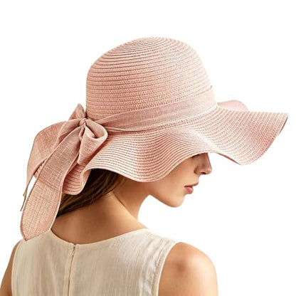 Women Floppy Sun Hat with Wide Brim, Foldable Roll-Up Straw Beach Hat Summer Hat for Travel - color: Pink