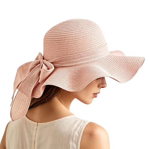 Women Floppy Sun Hat with Wide Brim, Foldable Roll-Up Straw Beach Hat Summer Hat for Travel - color: Pink