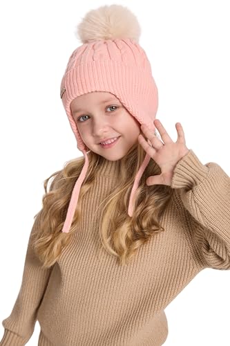 ZLYC Kids Girls Boy Winter Hat Cotton Lined Pom Pom Beanie Earflap Knit Cap - color: Solid Pink