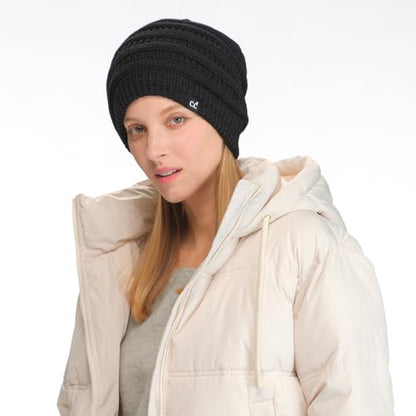 C.C Beanie Oversized Hat with Fuzzy Lining – Thick Knit Thermal Beanie for Cold Weather, Soft Warm Fleece Lined Cap - color: Black