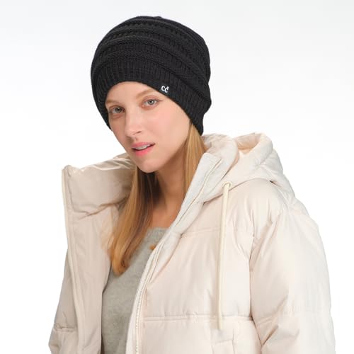 C.C Beanie Oversized Hat with Fuzzy Lining – Thick Knit Thermal Beanie for Cold Weather, Soft Warm Fleece Lined Cap - color: Black