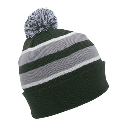 Pacific Headwear Unisex Adult Pacific Headwear Knit Fold Over Pom-pom Beanie - color: Dark Green/Silver/White, size: One Size
