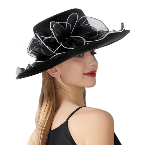Haoohu Women's Church Derby Hat Wide Brim Bow Bucket Hat Wedding Dress Hat Fascinator Bridal Tea Party Hat - color: F-black