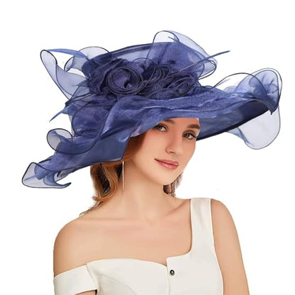 Women Oganza Sun Hat Church Wide Brim Wedding Formal Fascinator Hat - color: Navy