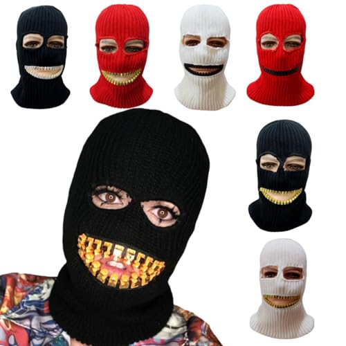 Ski Mask Knitted Full Face Cover Balaclava Knit Ski Thermal Knitted Head Wrap Winter Hat for Halloween Sports Cycling - color: Black Hat Gold Teeth