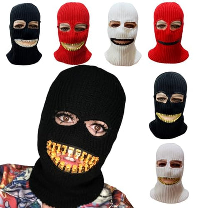 Ski Mask Knitted Full Face Cover Balaclava Knit Ski Thermal Knitted Head Wrap Winter Hat for Halloween Sports Cycling - color: Red Hat Gold Teeth