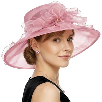 AQOKKA Women Organza Church Fascinators Kentucky Derby Hats for Women and Girls Wedding Flower Tea Party Hat with Wide Brim - color: Pink