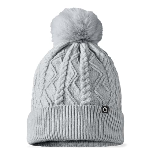 DALIX Cable Knit Pom Beanie Soft Stretch Skully Warm Fuzzy Faux Sherpa Winter Ski Beanie - color: Gray