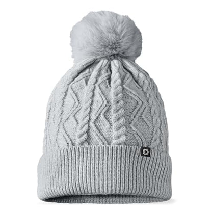 DALIX Cable Knit Pom Beanie Soft Stretch Skully Warm Fuzzy Faux Sherpa Winter Ski Beanie - color: Gray