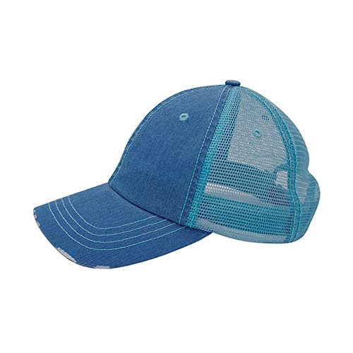 The Vintage Year Distressed Cotton Unstructured Soft Mesh Breathable Adjustable Dirty Wash Dad Hat Trucker Baseball Cap - color: Distressed Marine Blue