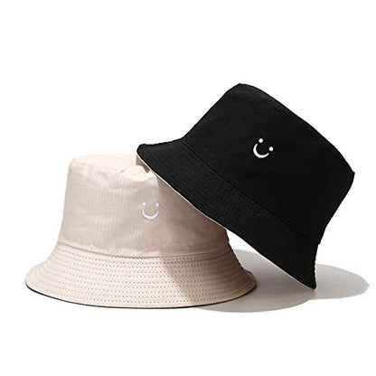 Unisex Cotton Packable Bucket Hat Sun Hat Beach Cap for Men Women - color: Smile Face Beige/Black