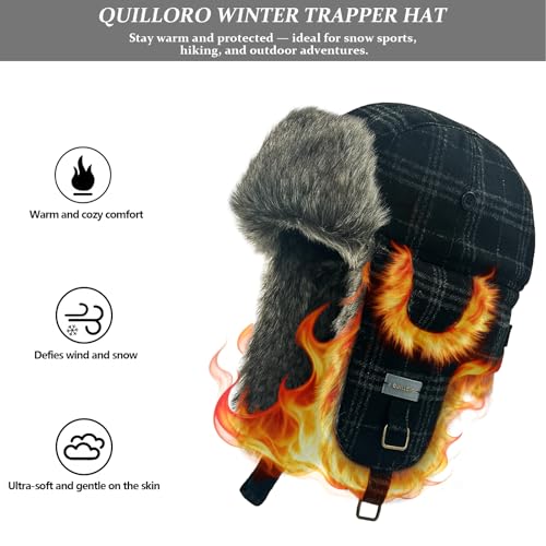 Winter Trapper Hat for Men and Women,Wool Russian Ushanka Aviator Warm Cold Proof Ski Hunting Cycling Winter Hats - color: Black Gray Plaid Faux Fur, size: Small-Medium