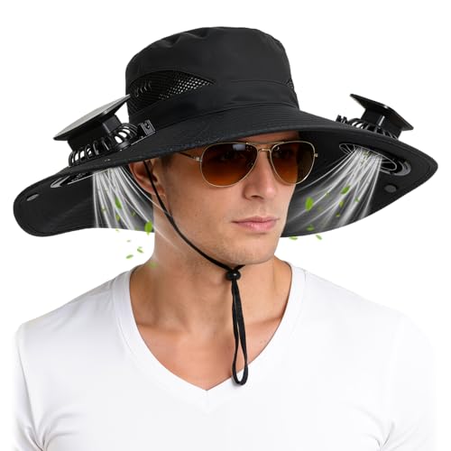 Hat with Fans Solar Power, UPF 50+ Wide Brim Sun Hat, Fishing Essentials for Hiking Beach Summer Safari - color: Black