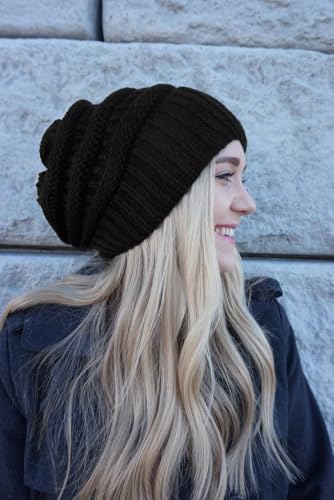 AIBFRID 2 Packs Winter Hats for Women Beanie Satin Lined Acrylic Cable Knit Chunky Warm Soft Slouchy Cuffed Cap - color: Black