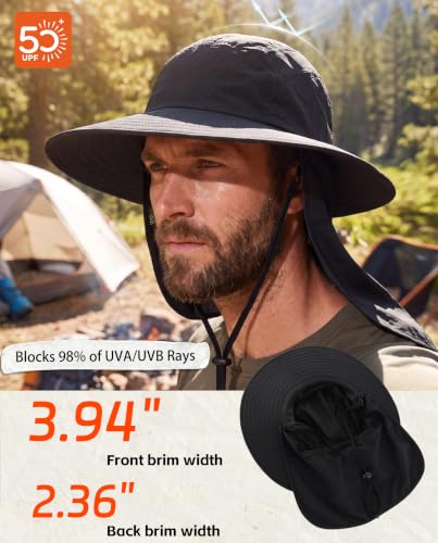 Home Prefer UPF 50+ Sun Hat with Neck Flap Wide Brim Fishing Hat for Men - color: Black