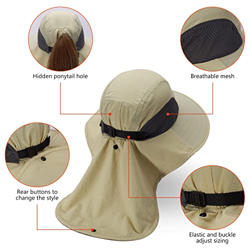 BASSDASH UPF 50+ Unisex Water Resistant Wide Brim Sun Hat with Large Neck Flap Ponytail Fishing Hat for Men Women - color: Cream