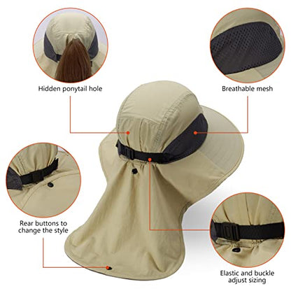 BASSDASH UPF 50+ Unisex Water Resistant Wide Brim Sun Hat with Large Neck Flap Ponytail Fishing Hat for Men Women - color: Cream