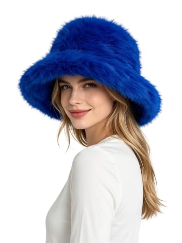 Lina & Lily Oversized Winter Faux Fur Bucket Hat for Women - Long Pile Fur Wide Moldable Brim - color: Royal Blue