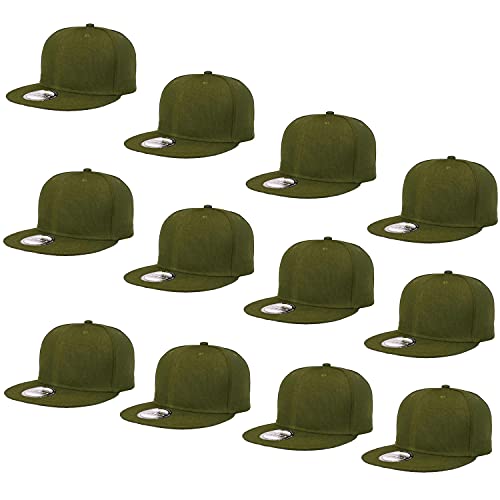 Falari Wholesale 12 Pack Snapback Hat Cap Hip Hop Style Flat Bill Blank Solid Color Adjustable Size - color: 12-pack Army Green