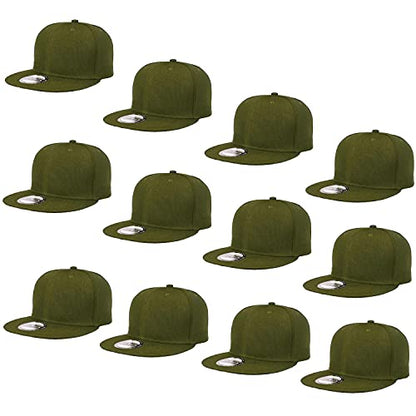 Falari Wholesale 12 Pack Snapback Hat Cap Hip Hop Style Flat Bill Blank Solid Color Adjustable Size - color: 12-pack Army Green