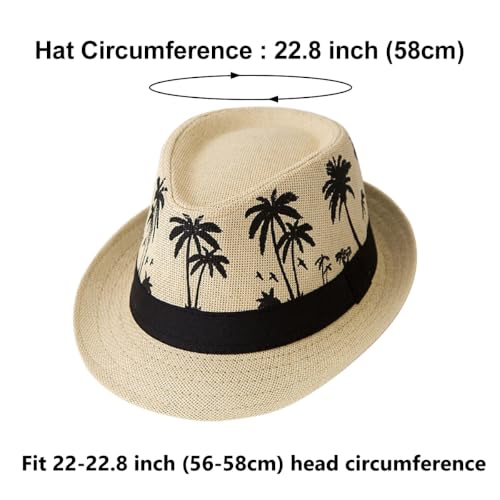 ECYC Ltd Panama Straw Hats Short Brim Fedora Straw Hat Trilby Hat Palm Tree Print Summer Beach Sun Hat Cap for Men Women - color: Light Khaki