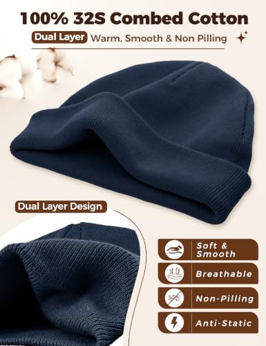 ROYBENS 100% Cotton Cuffless Beanie for Men Women Knit Fisherman Skull Cap - color: Navy Blue