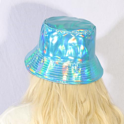 MILAKOO Rave Hologram Metallic Bucket Hat Reversible Cap Reflective Waterproof Rain Fisherman Hat - color: F: Blue