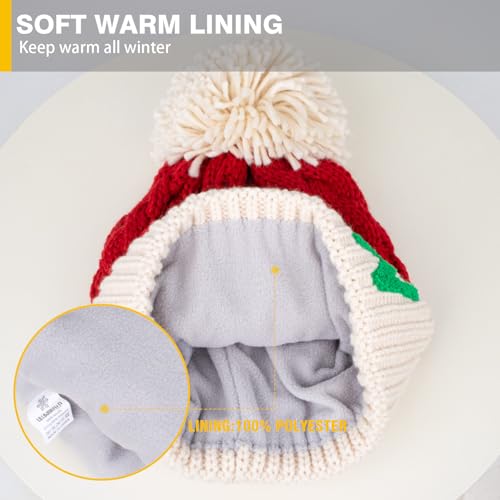 Christmas Merry Beanie for Women Winter Crochet Hat Chunky Cable Knit Pompom Santa Hat - color: Red-snow