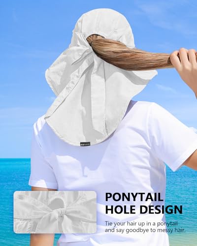Womens Sun Hat Outdoor UV Protection Wide Brim Fishing Hat with Ponytail Hole Neck Flap for Beach Hiking Camping - color: White