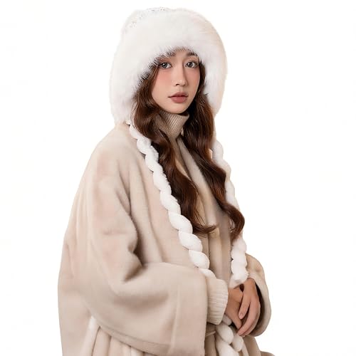 HUAMULAN Women Winter Sherpa Knit Beanie Hat Fleece Lined Ear Flaps - color: White With Pom