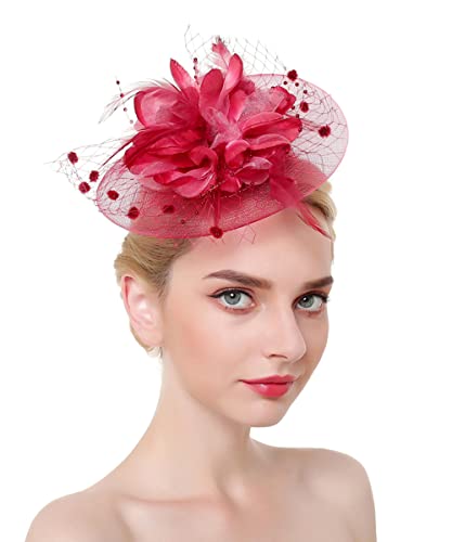 JWICOS Fascinators Hat for Women 50s Flower Hat with Veil Cocktail Wedding Tea Party Church Derby Hat - color: Burgundy
