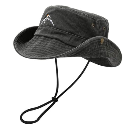 Sun Bucket Hat for Men Women Fishing Beach Safari Trendy Cotton Cowboy Cap for Golf Hiking Hunting Outdoor Boonie - color: Washed Black