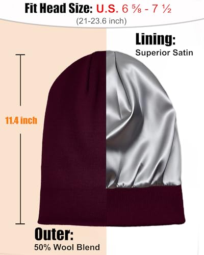 ROYBENS Satin Lined Beanie Hat for Women Men, Wool Knit Cuffed Winter Hats - color: 1pcs Wine Red