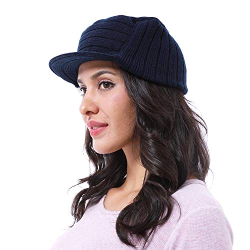 Solaris Army Style Flat Top Knit Cap Beanie WinterHat with Visor, for Women & Men - color: Navy