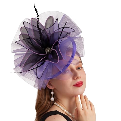 Women Organza Church Derby Hat Wide Brim Sun Caps for Wedding Tea Party Hat with Detachable hat Flower as Headgear - color: 10-purple