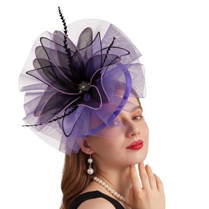 Women Organza Church Derby Hat Wide Brim Sun Caps for Wedding Tea Party Hat with Detachable hat Flower as Headgear - color: 10-purple