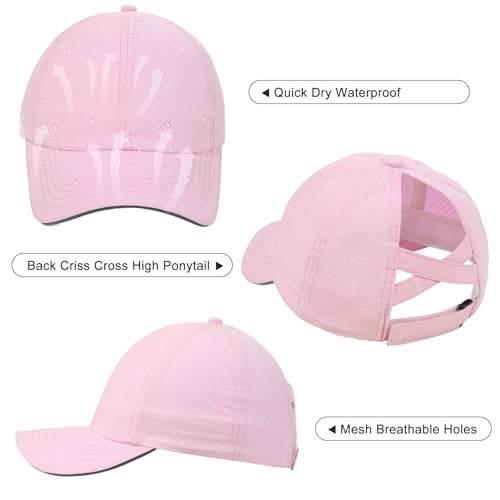 Girls Criss Cross Ponytail Hat Mesh Baseball Cap Kids Quick Dry Ponycap Hats Outdoor Summer Sports Hat Age 7-12 - color: Pink