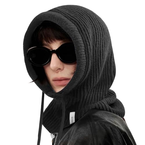 Stilldawn Hooded Scarf Beanie for Women&Men,Balaclava Winter Hat,Knit Skull Cap Neck Gaiter,Warm Premium Polyester Scarf Hat - color: Black