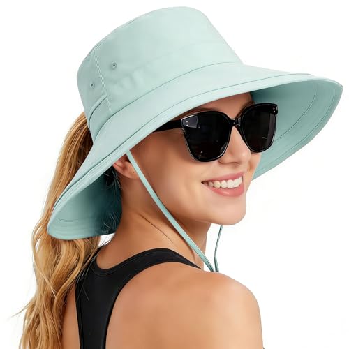 Rosoz Women Sun Hat with Ponytail Hole Wide Brim Bucket Hats UPF 50+ Beach Hiking Gardening Hat Water-Resistant Outdoot Hat - color: Blue