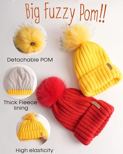 FURTALK Kids Winter Hat Toddler Knitted Beanie Faux Fur Pom - color: Yellow, size: 2-8 Years