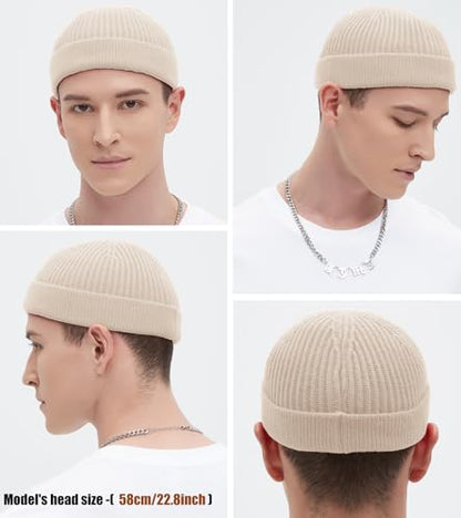 Wool Fisherman Beanie for Men Wome, Thin Knit Winter Hats Skull Cap - color: Beige