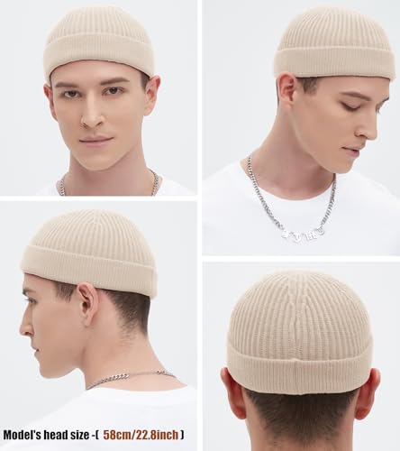 Wool Fisherman Beanie for Men Wome, Thin Knit Winter Hats Skull Cap - color: Beige
