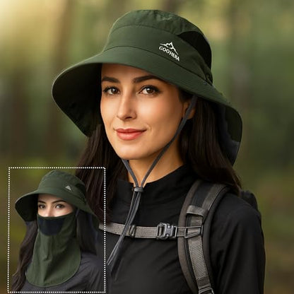 Sun Hat for Men & Women, Breathable Wide Brim Outdoor Fishing Hat with Face Cover & Neck Flap - color: Dark Green
