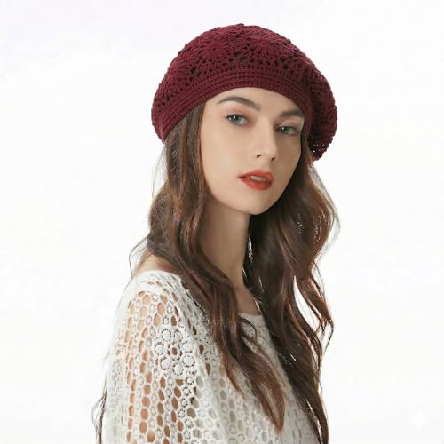 ZLYC Women Cotton Slouchy Crochet Beret Handmade Cutout Floral Beanie Hat - color: Plain Burgundy