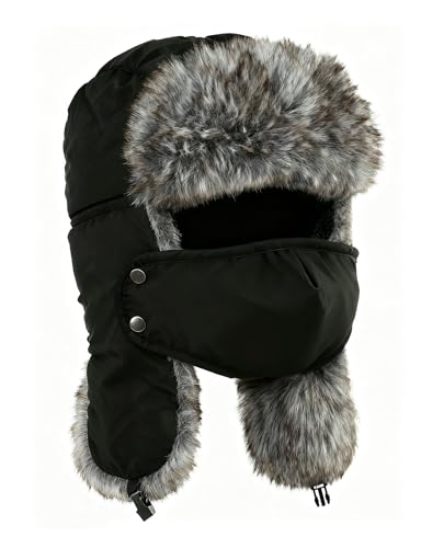 Buauty Fur Trapper Hat for Men Women Winter Windproof Soft Russian Ushanka Hats with Warm Ear Flaps & Removable Mask - color: Black