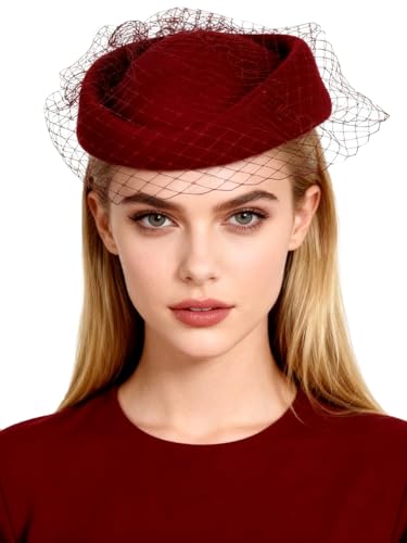 Wool Felt Vintage Beret Wedding Top Hats for Women Elegant Church Fedoras with Veil Ladies Cap Autumn Winter - color: Burgundy