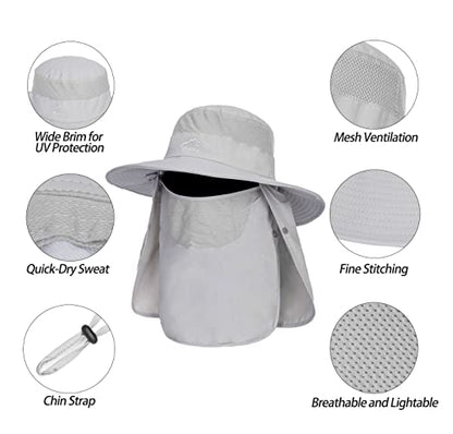 Fishing Hat for Men, Outdoor 3 in 1 Sun Hat Summer Safari Boonie Cap - color: Light Grey