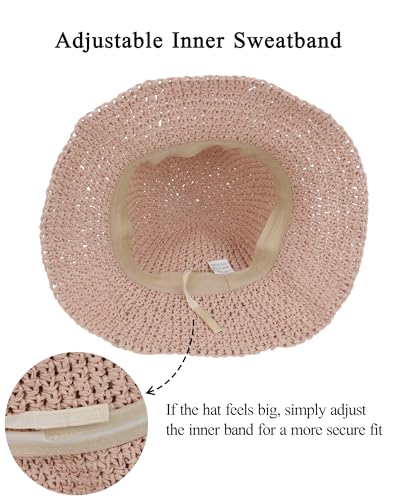 Womens Crochet Straw Sun Hat Foldable Floppy Wide Brim Beach Hat for Summer - color: Pink